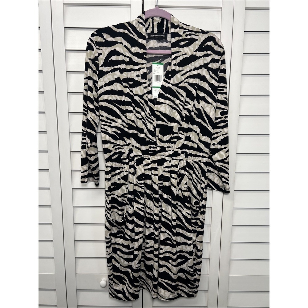 Jones New York Zebra Print 3/4 Sleeve Pleated Stretch Dress Size Large NWT